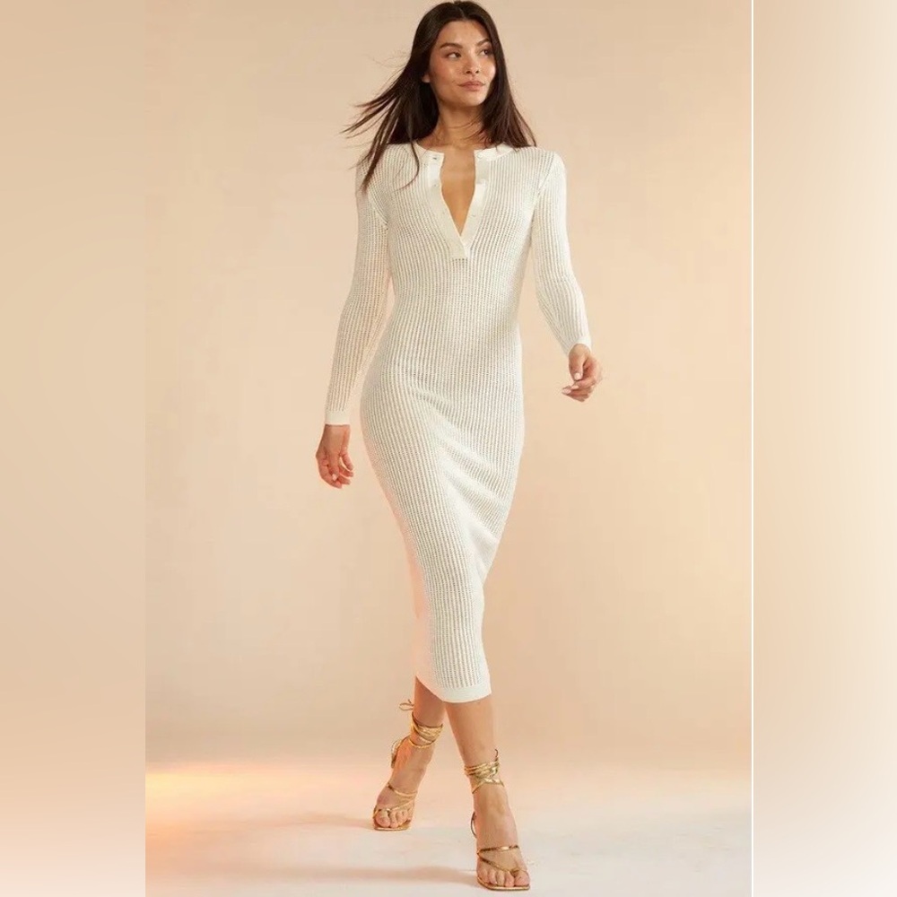 Cynthia Rowley Cream Ribbed V-Neck Long Sleeve Midi Dress